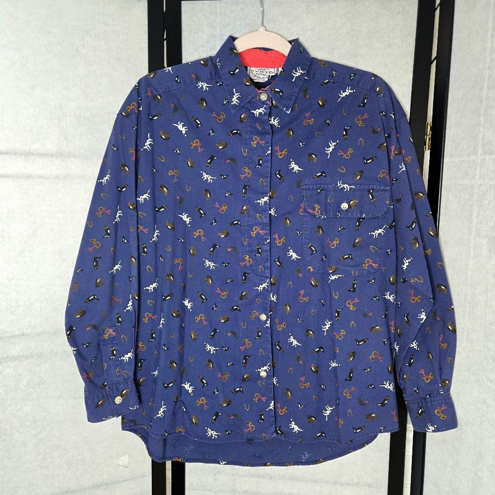 Vintage Navy Blue Equestrian Womens Cotton Horse Print Button-Up Medium Shirt
